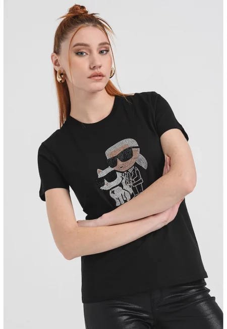 Тениска от органичен памук с декоративни камъни - Черен/Прашно розово/Сребрист