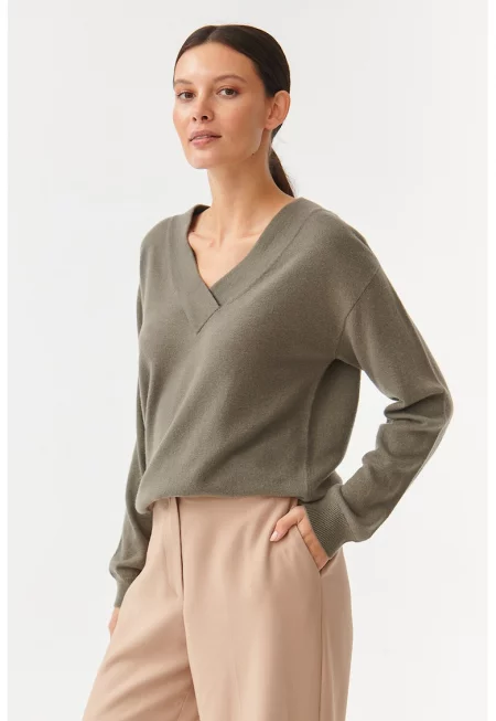 Вълнен пуловер Cashmie с шпиц - Каки