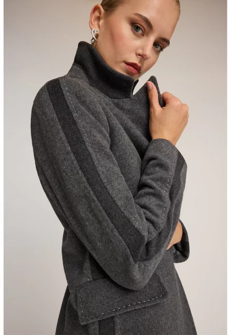 Вълнено палто с ревери - Сив меланж