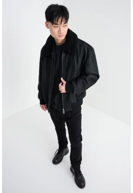 Яке Jonier от набук с яка от агнешка козина - Черен