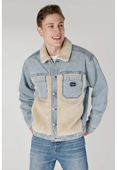 Яке от деним с плюшени детайли - Светлосин меланж