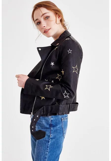 Яке от еко кожа с десен - Черен