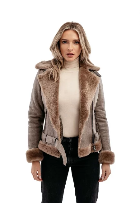 Зимно кожено яке Aviator с подплата от агнешки пух - Светлокафяв
