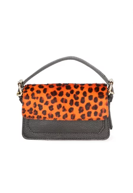 Чанта през рамо от кожа и кожа с косъм - Мандарина/Антрацитно сиво