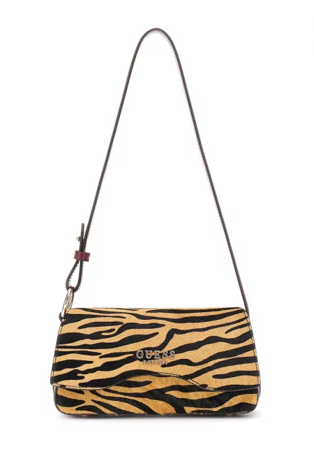 Чанта през рамо с метално лого с велур - Бордо/Черен/Карамел