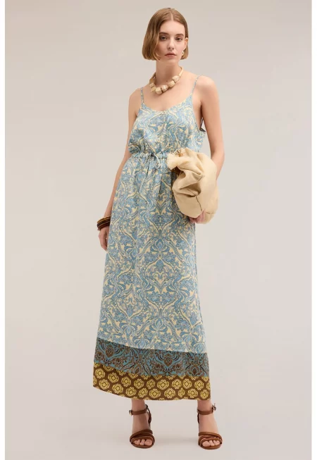 Дълга разкроена рокля - Бежов/Светлосин