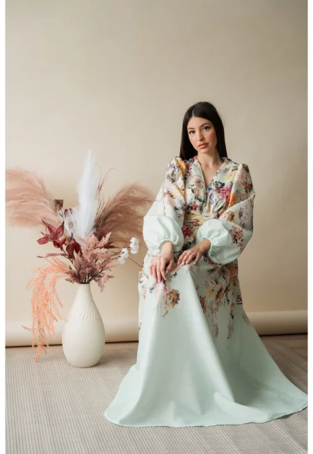 Дълга рокля с дълъг ръкав Flowers Mint 15545