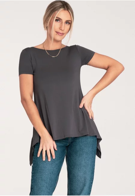 Дамска блуза  асиметрична - с волани - тъмносива - текстил