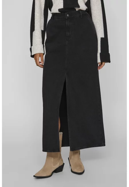 Дънкова дълга пола с предна цепка - Черен