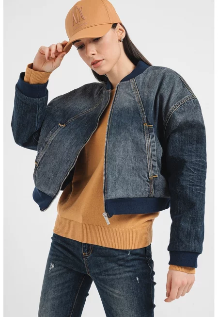 Дънково яке бомбър с лого и паднали ръкави - Син