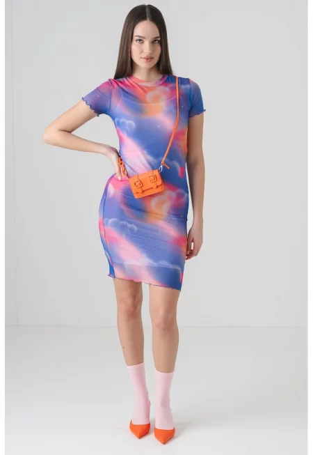 Десенира рокля Nastaja с къси ръкави - Фуксия/Бледооранжев/Син