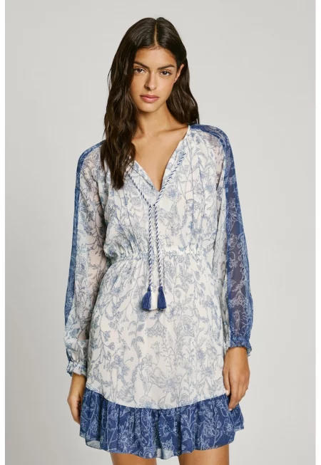 Десенирана шпиц рокля - Слонова кост/Тъмносин