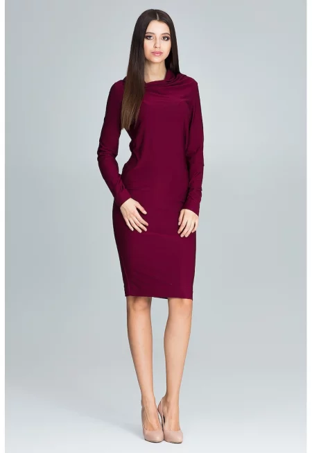 елегантна рокля в бордо - дълъг ръкав - деколте - полиестер
