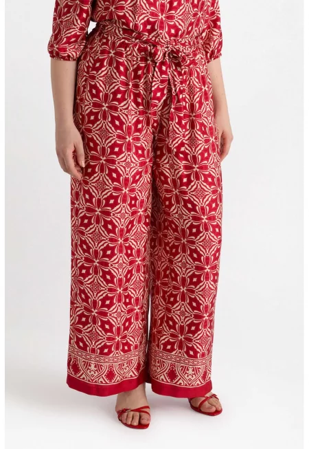 Флорален панталон с широк крачол - Бежов/Керемидено червено