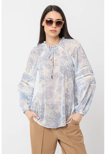 Флорална блуза от шифон - Бял/Прашно синьо