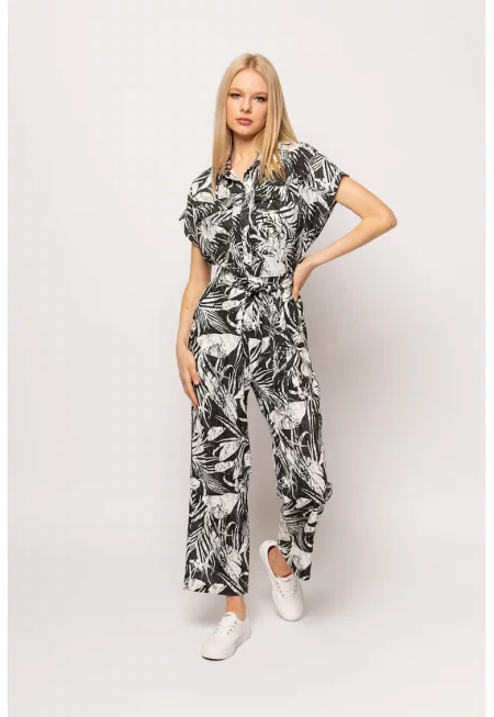 Гащеризон с къси ръкави и принт - Слонова кост/Черен