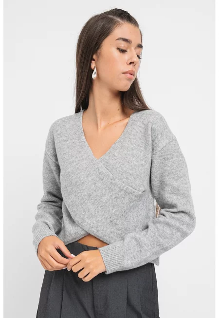 Къс асиметричен пуловер с шпиц - Сив меланж