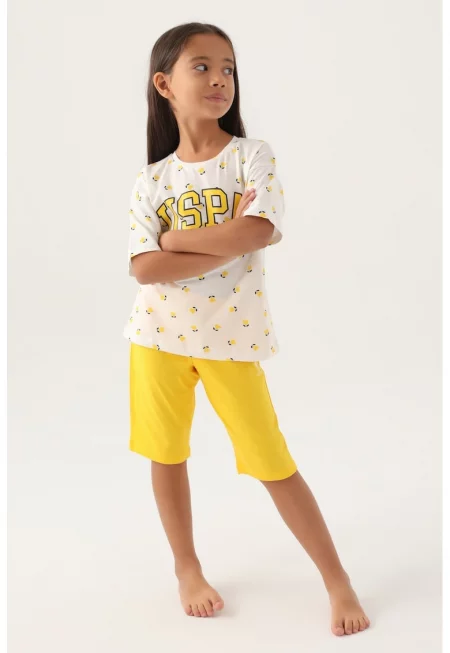 Къса пижама с лого и принт - Бял/Жълт