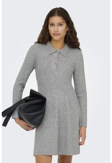 Къса разкроена рокля с яка - Сив меланж
