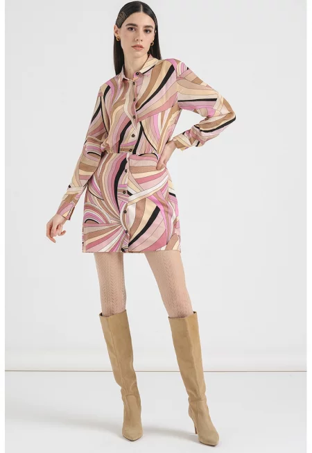 Къса рокля с коприна в цветен блок - Кафяв/Бежов/Розово