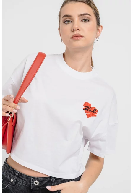 Къса свободна тениска от памук - Червен/Бял