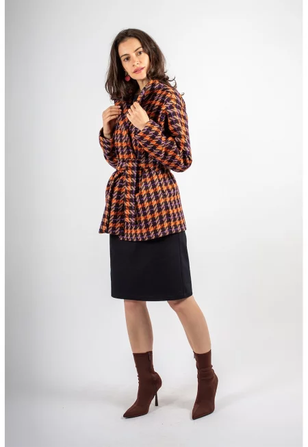 Късо карирано палто с вълна - Оранжев/Виолетов/Бежов