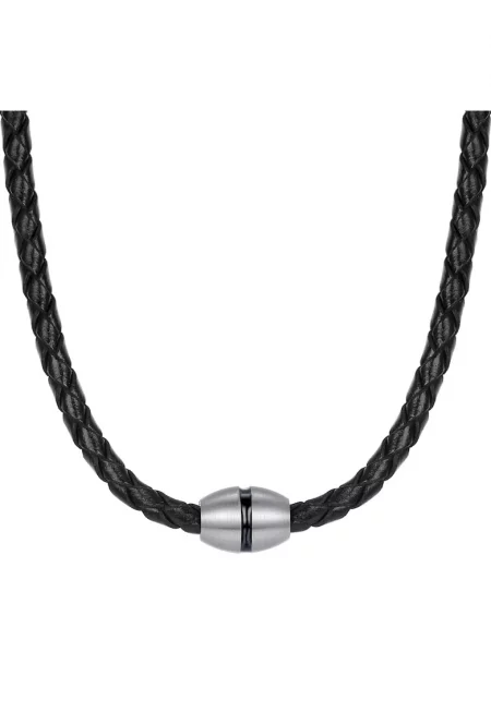 Колие от кожа и неръждаема стомана - Черен