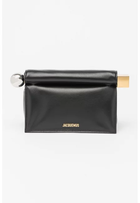 Кожена чанта Pochette Rond Carre с метално лого - Черен