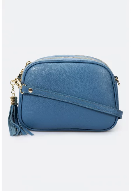 Кожена чанта през рамо с отделяща се презрамка - Светлосин