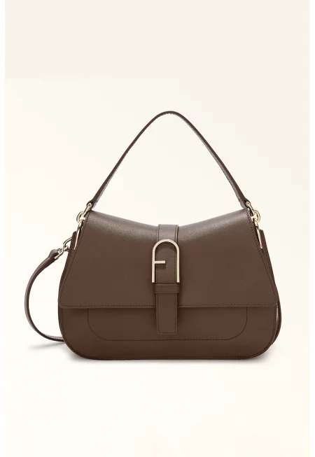 Кожена чанта за рамо Flow с метално лого - Сиво-кафяв