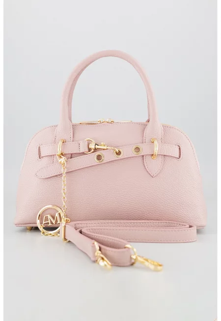 Кожена чанта за рамо с цип - Пастелнорозов