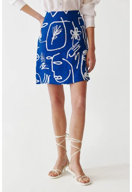 Ленена пола с принт - Бял/Син