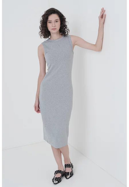 Миди права рокля с овално деколте - Светло сив