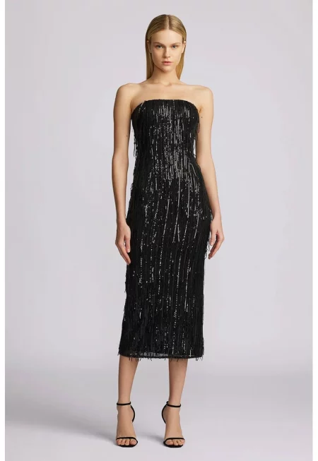 Миди рокля с ресни и пайети - Черен