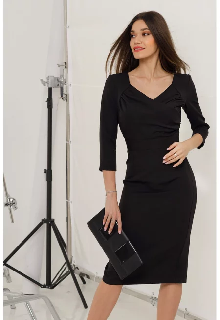 Миди рокля с шпиц и шлиц отзад - Черен
