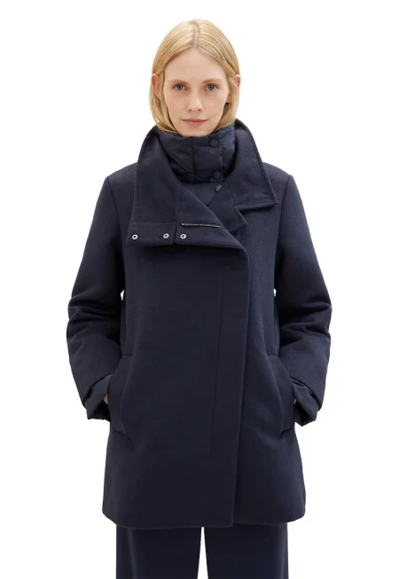 Палто с вълна и висока яка - Тъмносин