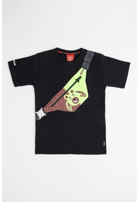 Памучна тениска Crossbody Money Bear - Черен/Електриково Зелено