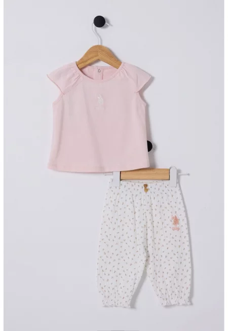 Памучна тениска и панталон с принт - Бял/Тъмнобежово/Бледо розово
