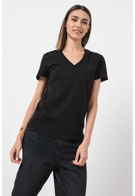 Памучна тениска с шпиц - Черен