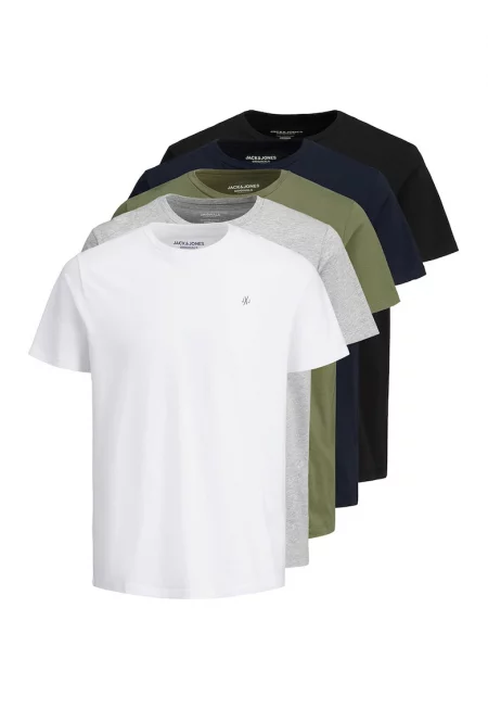 Памучни тениски с овално деколте - 5 броя - Многоцветен