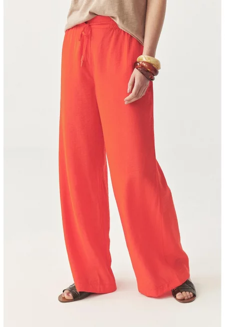 Панталон с широк крачол и връзка - Корал