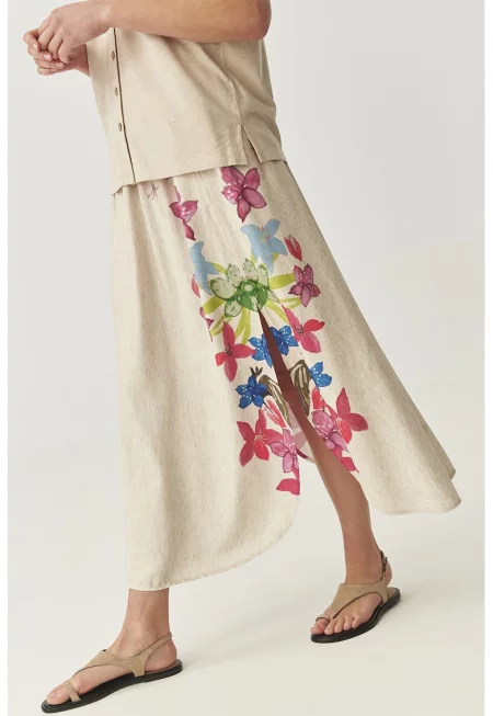 Пола с лен и цепки встрани - Корал/Розово/Крем