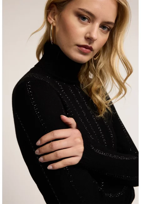 Пуловер с вълна с поло и бляскави нишки - Черен