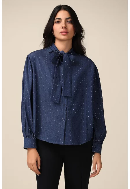 Риза с панделка-яка - Ултрамарин синьо/Мръснобял