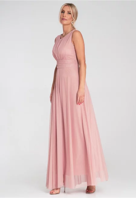 Рокля макси -  вечерна - без ръкави - розова - мрежеста материя - SM