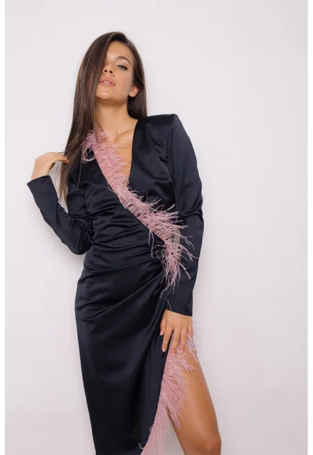 Рокля по тялото с пера - Черен/Розово