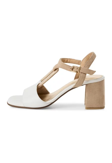 Сандали от кожа с масивен ток и разделителна каишка - Бял/Златист/Камел