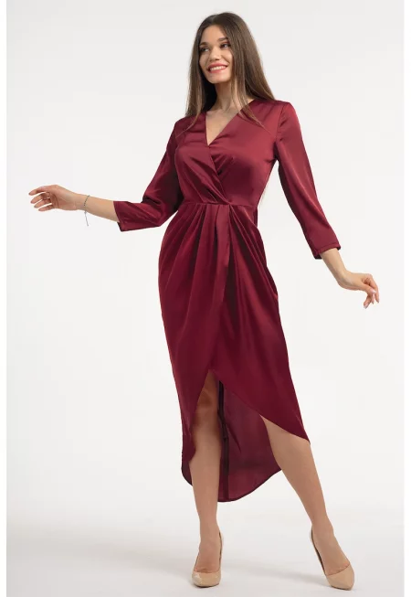 Сатинирана рокля с шпиц - Бордо