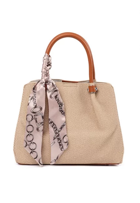 Средна кафява чанта  с декоративен шал - елегантен дизайн - практична и просторна