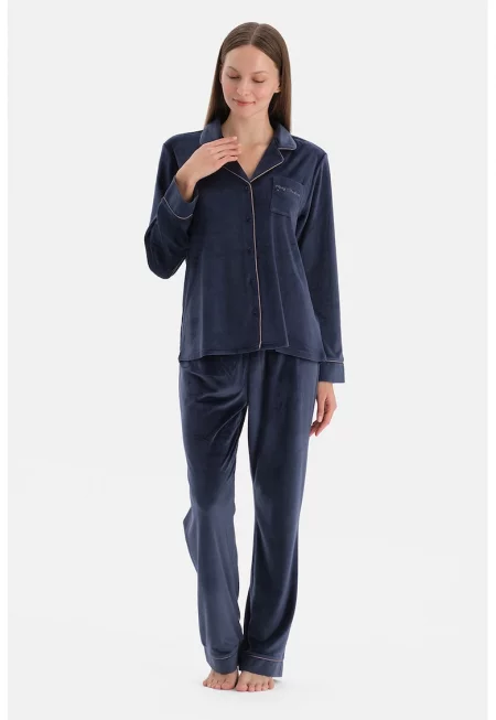 Свободна кадифена пижама с връзка на талията - Тъмносин